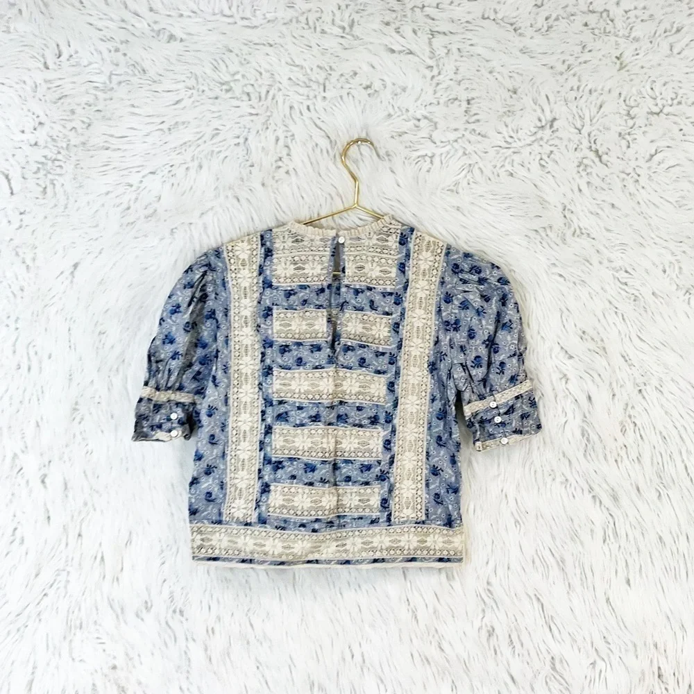 Anthropologie Love Sam Harper floral lace ruffle trim cropped blouse